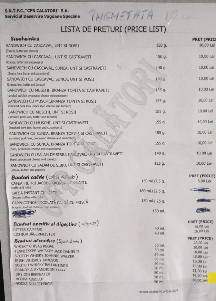Prețurile din vagoanele restaurant ale CFR