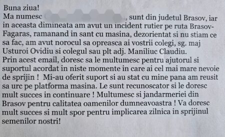 Doi jandarmi făgărășeni au ajutat un șofer speriat care s-a răsturnat cu mașina în șanț