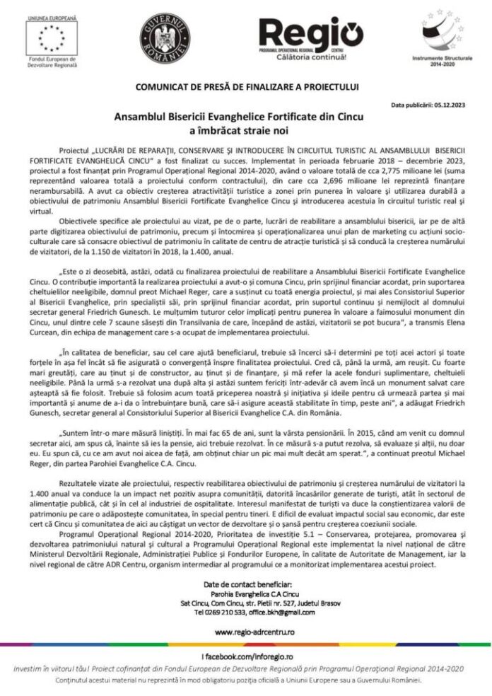COMUNICAT DE PRESĂ DE FINALIZARE A PROIECTULUI: Ansamblul Bisericii Evanghelice Fortificate din Cincu a îmbrăcat straie noi