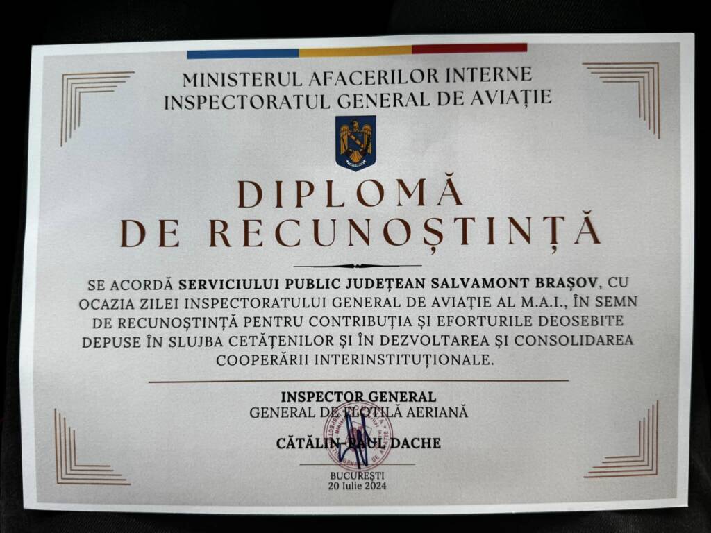 Serviciul Public Județean Salvamont - Salvaspeo Brașov a primit o diplomă de recunoștință de la Inspectoratul General de Aviație al Ministerului Afacerilor Interne (FOTO)