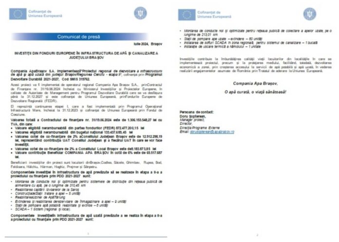 Comunicat de presă: INVESTIȚII DIN FONDURI EUROPENE ÎN INFRASTRUCTURA DE APĂ ȘI CANALIZARE A JUDEȚULUI BRAȘOV