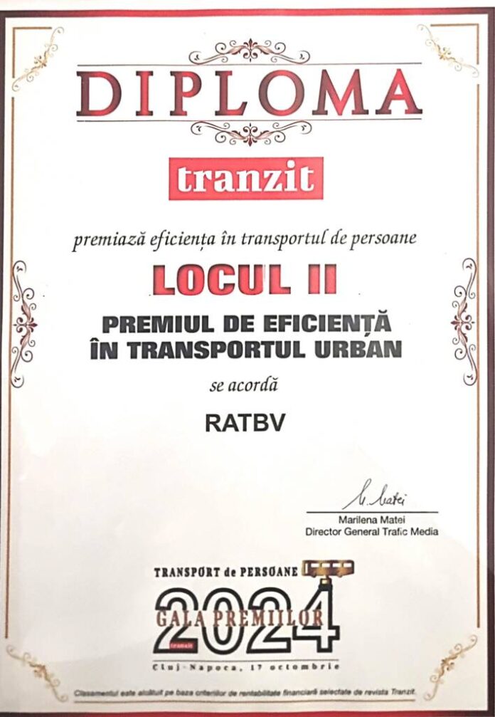 RATBV a fost desemnat al doilea cel mai eficient operator de transport de persoane din țară
