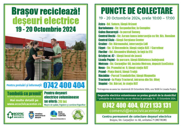 16 puncte de colectare: Brașov reciclează deșeuri electrice în perioada 19 – 20 octombrie 2024