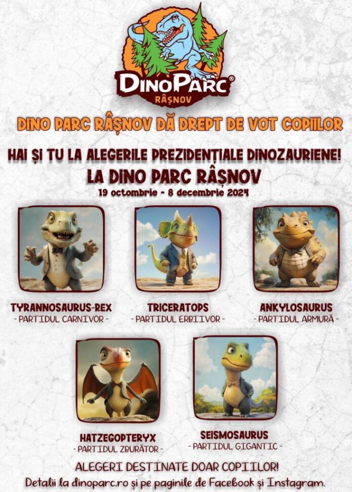 Dino Parc Râșnov organizează Alegeri Prezidențiale Dinozauriene pentru copii. În cursa electorală s-au înscris cinci dinozauri
