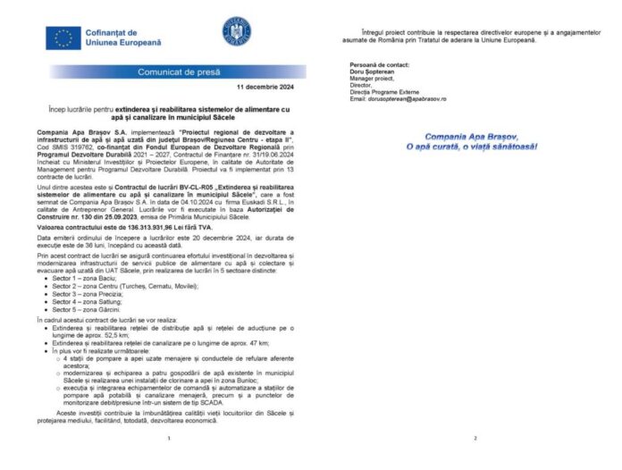 Încep lucrările pentru extinderea și reabilitarea sistemelor de alimentare cu apă și canalizare în municipiul Săcele