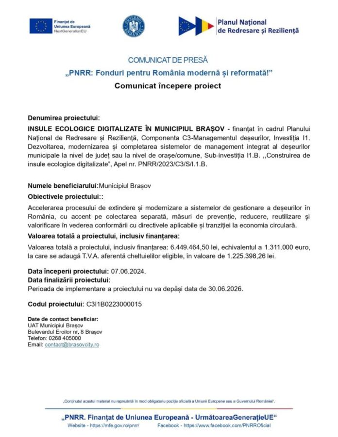 COMUNICAT DE PRESĂ „PNRR: Fonduri pentru România modernă și reformată!” Comunicat începere proiect
