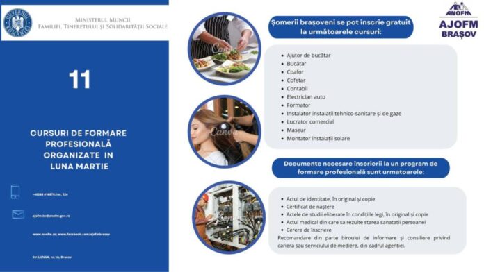 11 cursuri de formare profesională, gratuite, care încep în martie, organizate de Agenția Județeană pentru Ocuparea Forței de Muncă Brașov