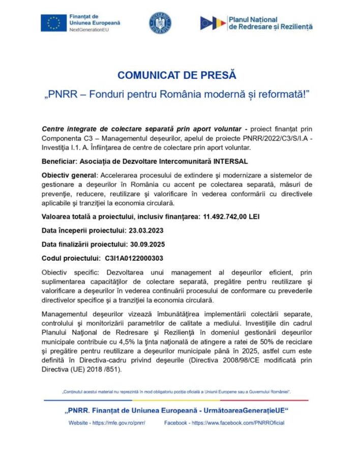 COMUNICAT DE PRESĂ „PNRR – Fonduri pentru România modernă și reformată!”