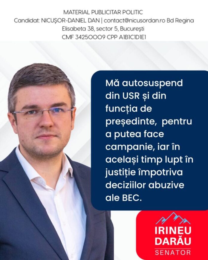 Irineu Darău: “Ma autosuspend din USR și din funcția de președinte, să pot face campanie, iar în același timp lupt în justiție împotriva deciziilor abuzive ale BEC”