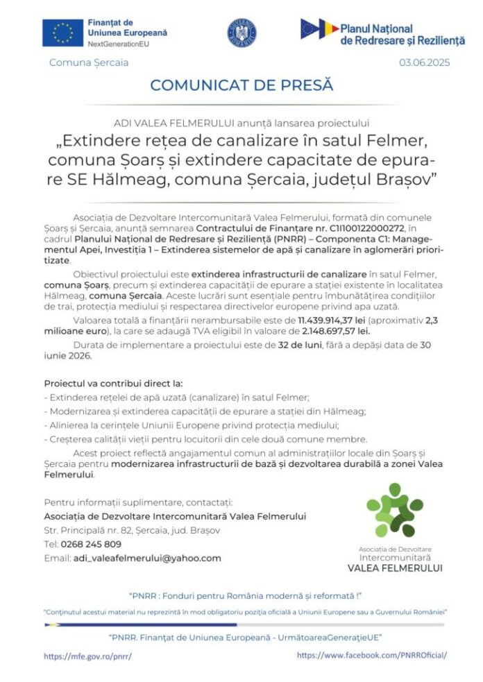 COMUNICAT DE PRESĂ: ADI VALEA FELMERULUI anunță lansarea proiectului „Extindere rețea de canalizare în satul Felmer, comuna Șoarș și extindere capacitate de epurare SE Hălmeag, comuna Șercaia, județul Brașov”