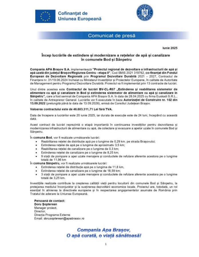 Încep lucrările de extindere și modernizare a rețelelor de apă și canalizare în comunele Bod și Sânpetru