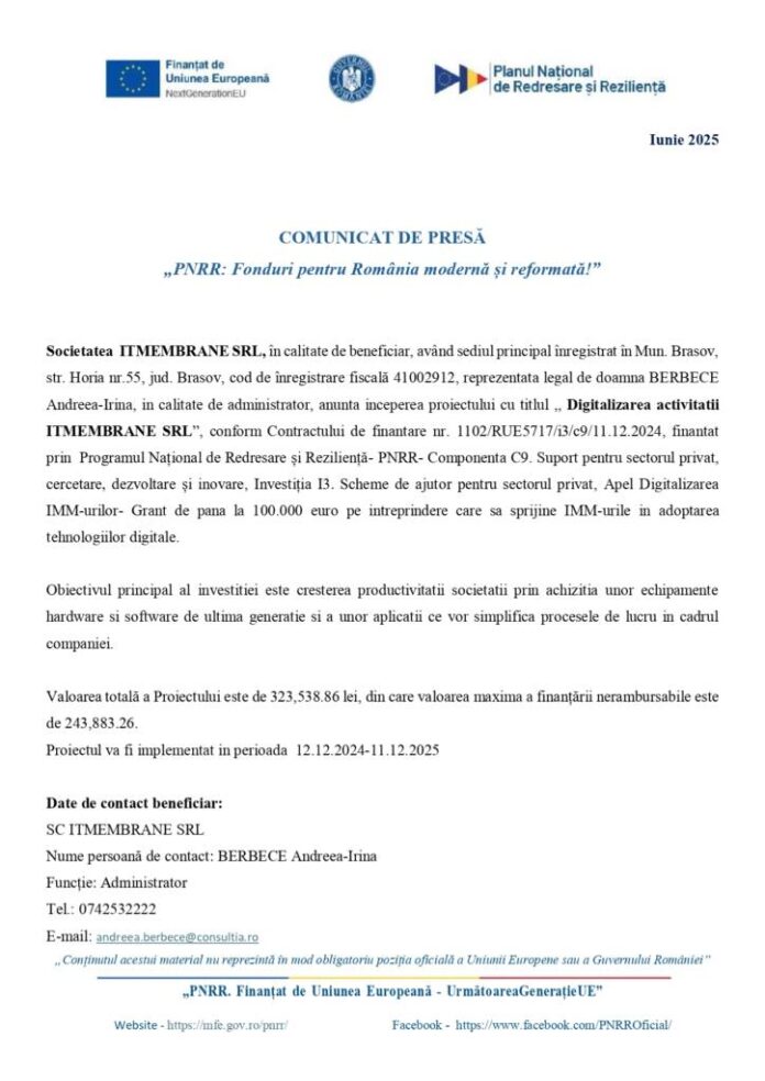 COMUNICAT DE PRESĂ „PNRR: Fonduri pentru România modernă și reformată!”