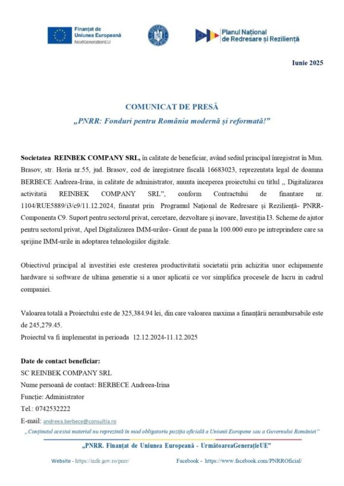 COMUNICAT DE PRESĂ „PNRR: Fonduri pentru România modernă și reformată!”