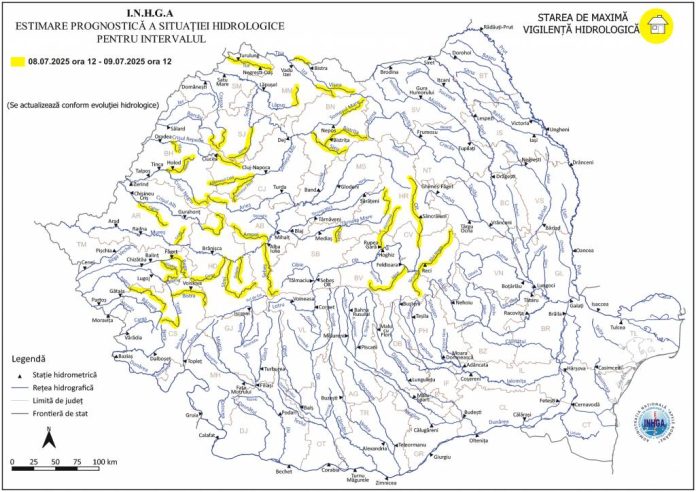 Atenționare hidrologică, posibile inundații și creșteri de debite și niveluri: Cod galben pentru mai multe râuri din țară