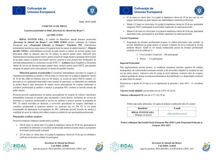 COMUNICAT DE PRESĂ Lansarea proiectului cu titlul „Investește în viitorul tău Brașov”, cod SMIS 333810