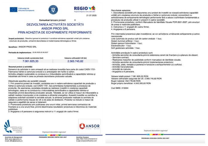 Comunicat lansare proiect DEZVOLTAREA ACTIVITĂȚII SOCIETĂȚII ANSOR PROD SRL PRIN ACHIZIȚIA DE ECHIPAMENTE PERFORMANTE