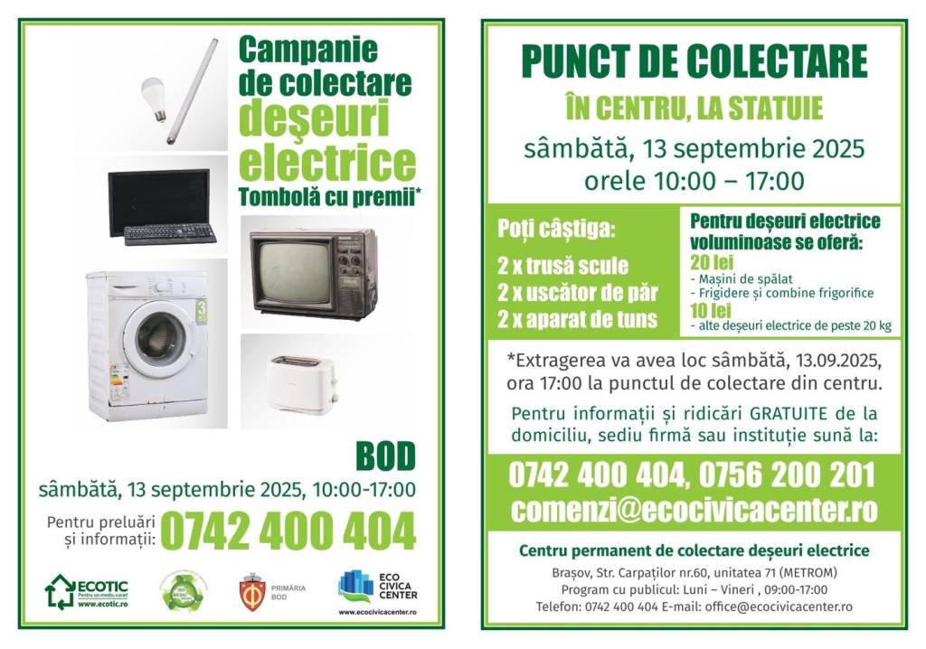 Mâine, se colectează deșeuri electrice în Bod și Sânpetru