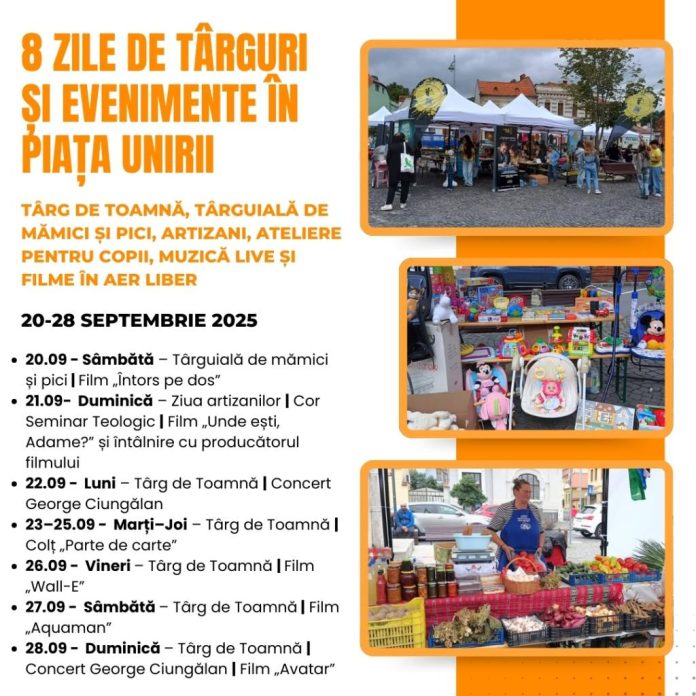 Târg de toamnă, ateliere pentru copii, artizani, colț de carte, muzică live, filme în aer liber: Începând de mâine, până în 28 septembrie, evenimente în Piața Unirii