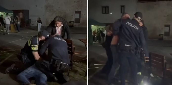 În curtea Liceului Aprily Lajos: Președintele organizației municipale UDMR Brașov, Toro Tamas, încătușat de polițiști