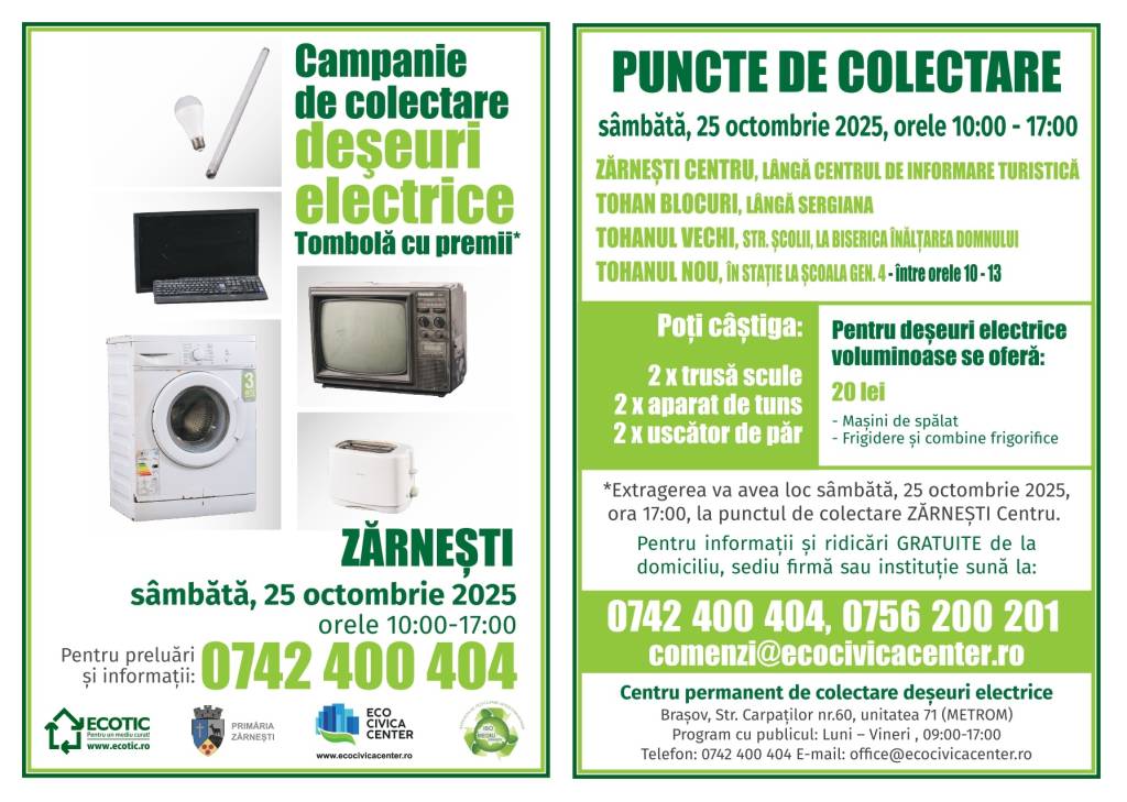 Campanie de colectare deșeuri electrice, sâmbătă, în Zărnești