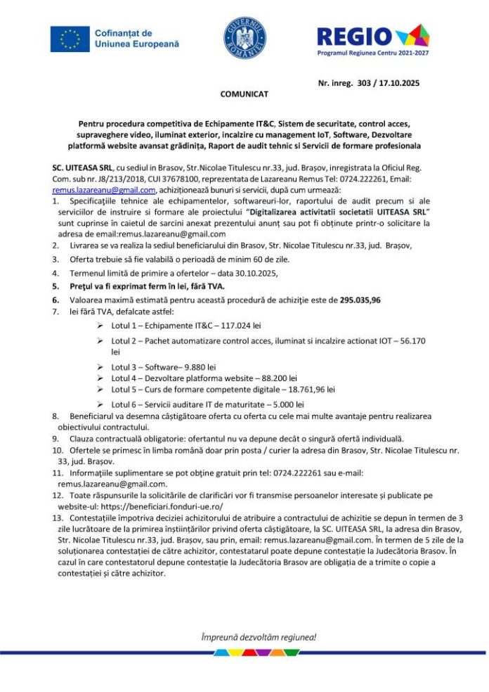 COMUNICAT SC. UITEASA SRL