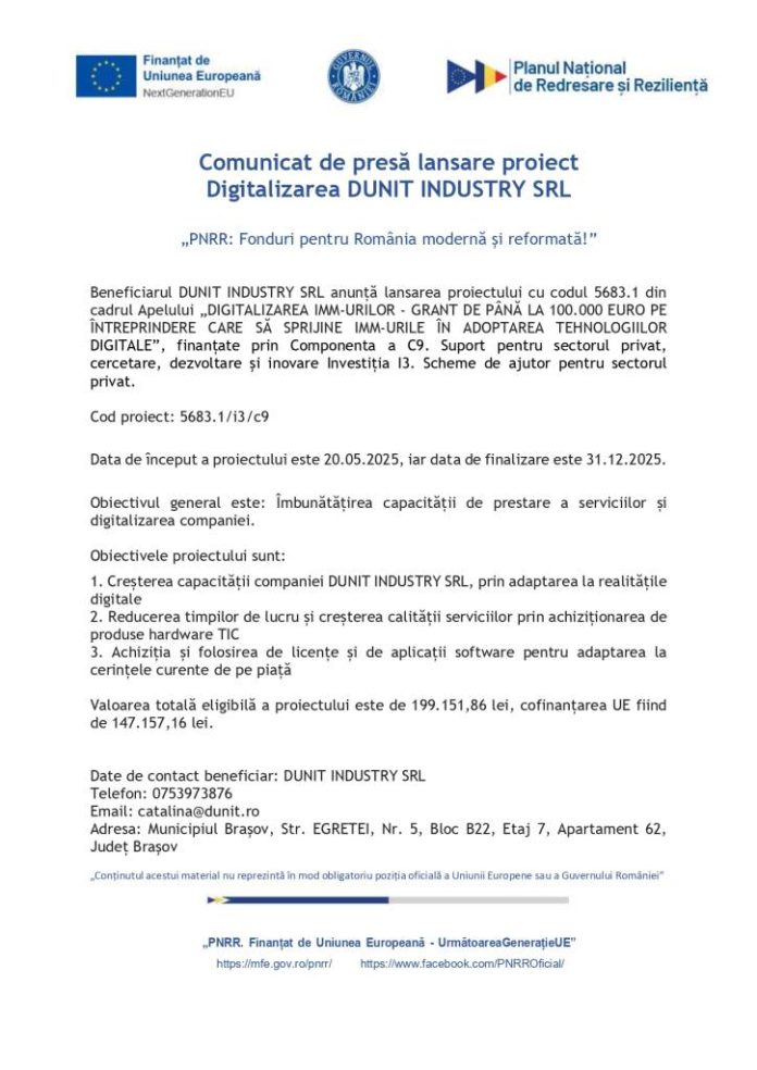 Comunicat de presă lansare proiect Digitalizarea DUNIT INDUSTRY SRL „PNRR: Fonduri pentru România modernă și reformată!”