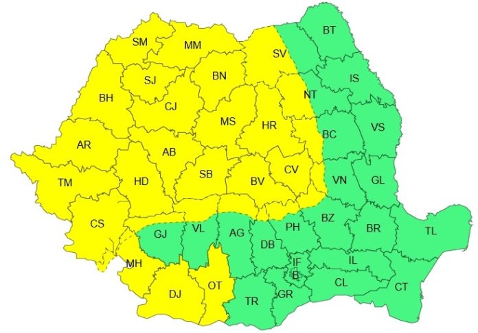 Cod galben de vânt în mai multe județe din țară