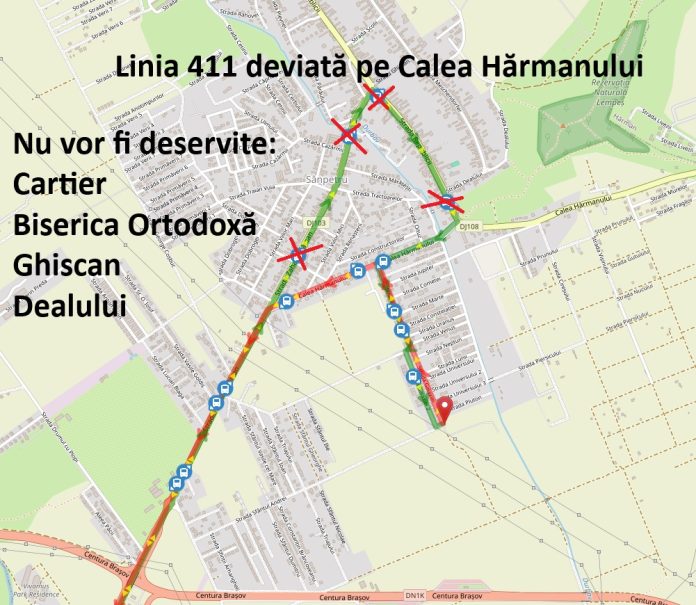 Autobuzele de pe linia metropolitană 411, Rulmentul – Sânpetru Residence, circulă astăzi pe un traseu deviat