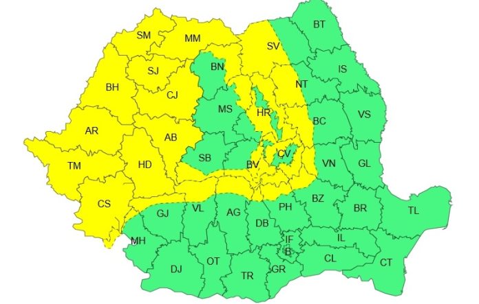 Cod galben: Ploi, ninsori la munte, precipitații, intensificări ale vântului, vreme rece, în mai multe zone din țară