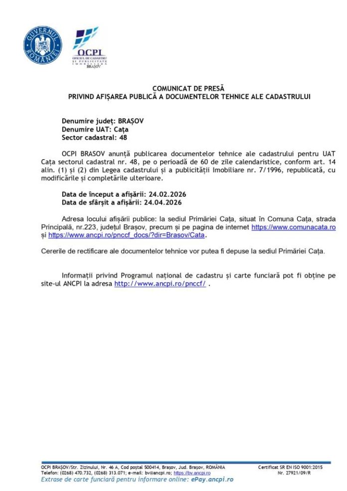 COMUNICAT DE PRESĂ PRIVIND AFIȘAREA PUBLICĂ A DOCUMENTELOR TEHNICE ALE CADASTRULUI