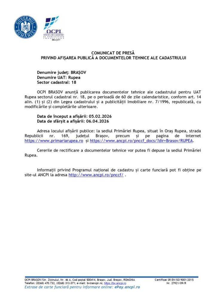 COMUNICAT DE PRESĂ PRIVIND AFIȘAREA PUBLICĂ A DOCUMENTELOR TEHNICE ALE CADASTRULUI