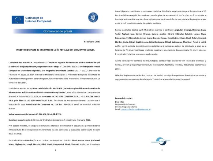 INVESTIȚII DE PESTE 27 MILIOANE DE LEI ÎN REȚELELE DIN GHIMBAV ȘI CODLEA