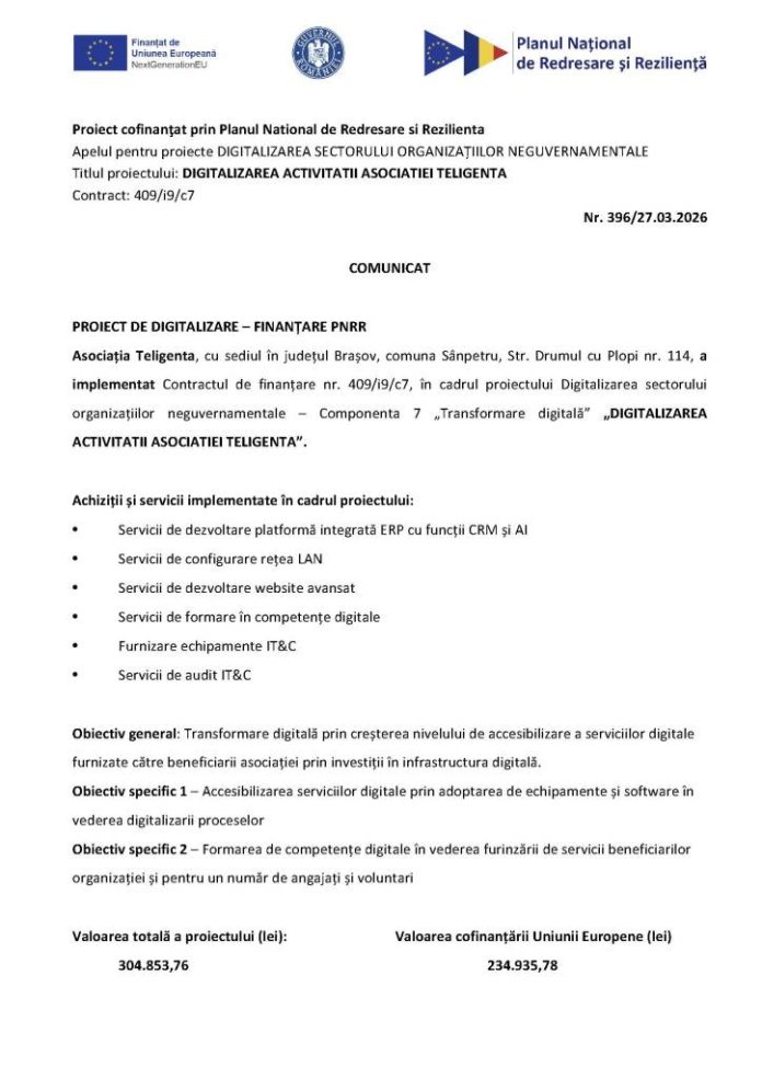 COMUNICAT PROIECT DE DIGITALIZARE – FINANȚARE PNRR
