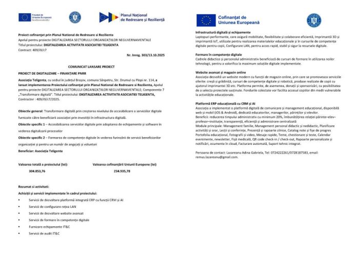 COMUNICAT LANSARE PROIECT PROIECT DE DIGITALIZARE – FINANȚARE PNRR