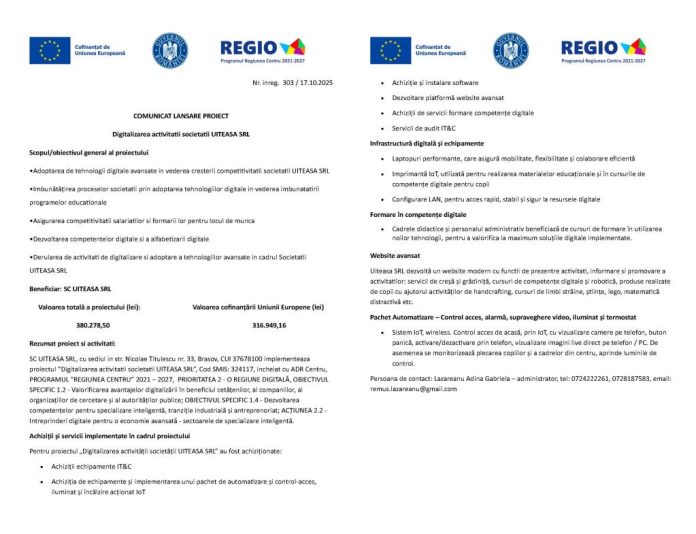 COMUNICAT LANSARE PROIECT Digitalizarea activitatii societatii UITEASA SRL