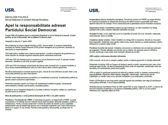 USR: Apel la responsabilitate adresat PSD. Crizele politice se fac la București, dar se plătesc în fiecare casă!