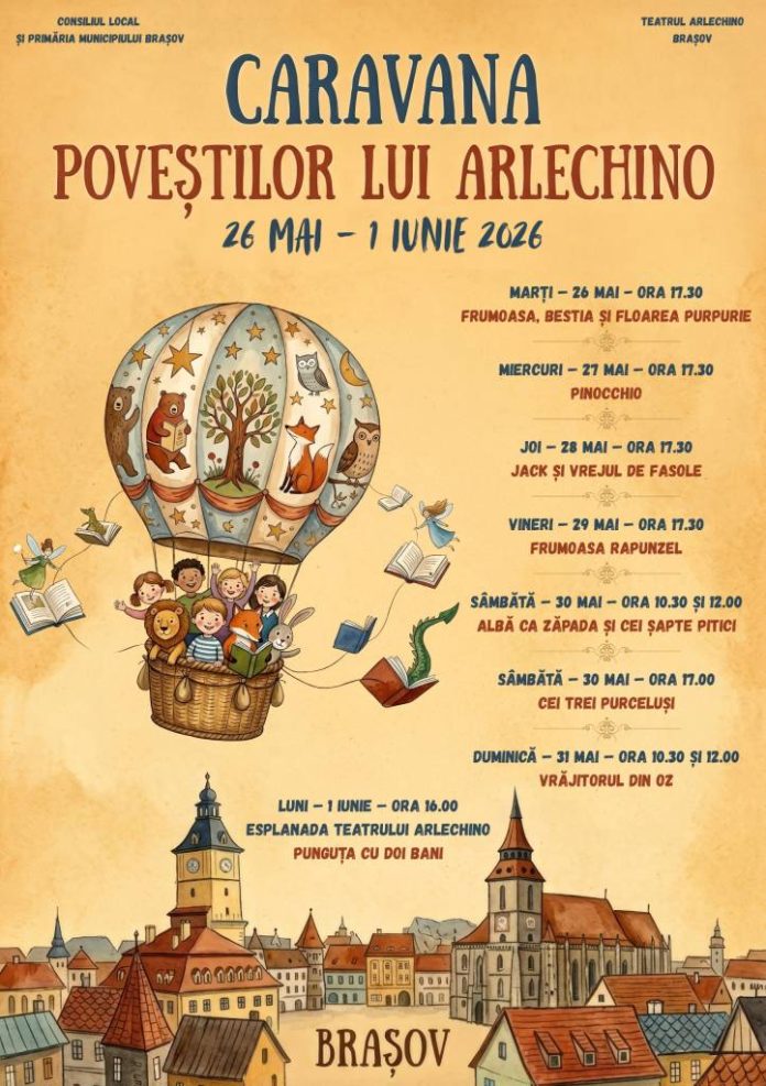 Pinocchio, Rapunzel, Albă ca Zăpada, Frumoasa și Bestia, Jack sau Dorothy: „Caravana Poveștilor lui Arlechino”, la Brașov