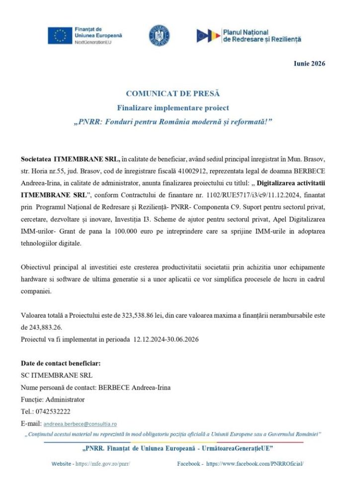 COMUNICAT DE PRESĂ Finalizare implementare proiect „PNRR: Fonduri pentru România modernă și reformată!”