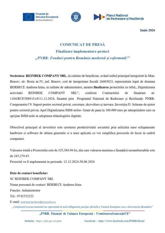 COMUNICAT DE PRESĂ Finalizare implementare proiect „PNRR: Fonduri pentru România modernă și reformată!”