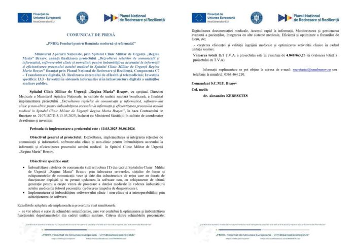 COMUNICAT DE PRESĂ „PNRR: Fonduri pentru România modernă şi reformată!”