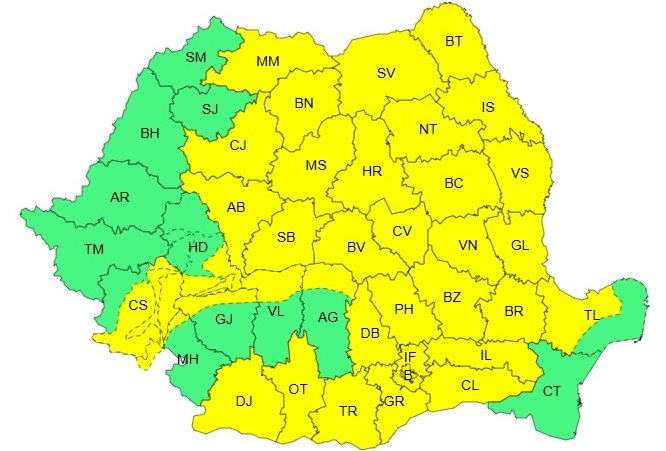 Cod galben de furtuni și ploi torențiale în mare parte din țară
