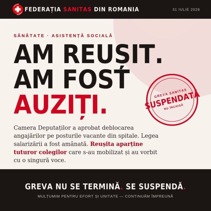 SANITAS suspendă greva generală după deblocarea posturilor din Sănătate și amânarea legii salarizării