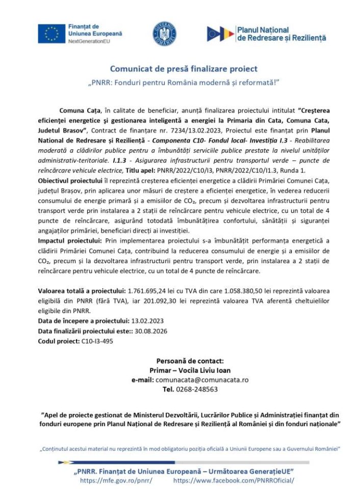 Comunicat de presă finalizare proiect: „PNRR: Fonduri pentru România modernă și reformată!”