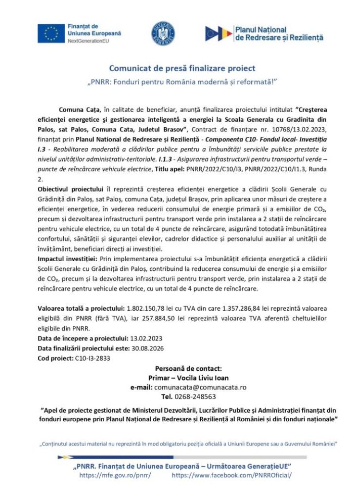 Comunicat de presă finalizare proiect „PNRR: Fonduri pentru România modernă și reformată!”