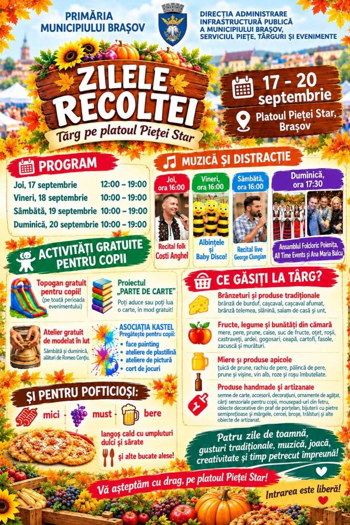 „Zilele Recoltei”, la Brașov. Târg cu produse tradiționale și activități pentru copii, la Piața Star