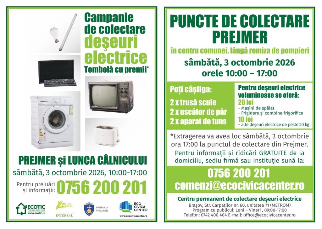 Campanie de colectare a deșeurilor electrice, sâmbătă, în Hărman, Prejmer și Lunca Câlnicului