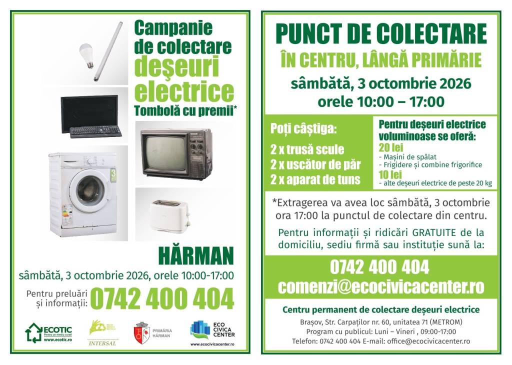 Campanie de colectare a deșeurilor electrice, sâmbătă, în Hărman, Prejmer și Lunca Câlnicului
