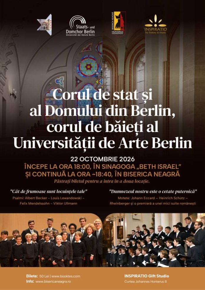 Corul de Stat și al Domului din Berlin, în concert la Sinagoga „Beth Israel” și la Biserica Neagră